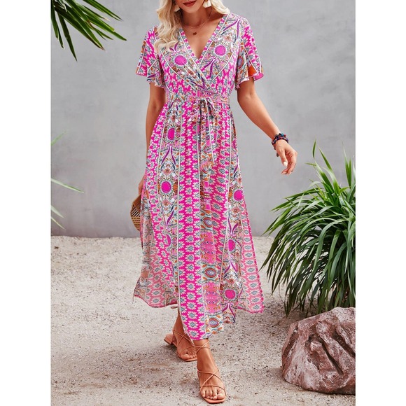 VCAY Allover Print Butterfly Sleeve Split Side Belted Dress - Picture 2 of 11